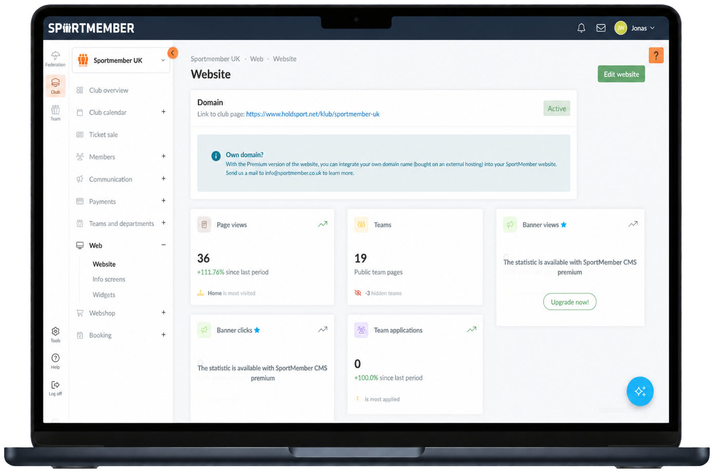 The SportMember website admin – domain, page views and edit controls