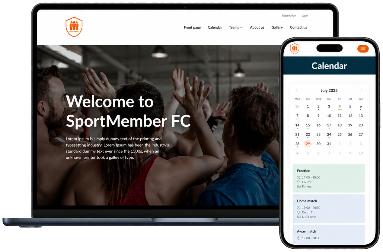 A club website built with SportMember – front page with hero image and a synced calendar on mobile